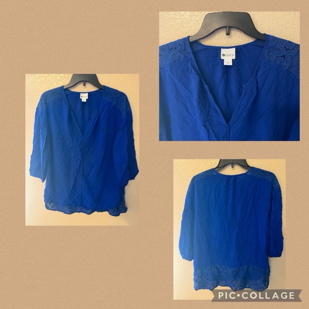 Stylus Royal Blue 3/4 Sleeve Blouse w/Floral Embroidery Embellishes